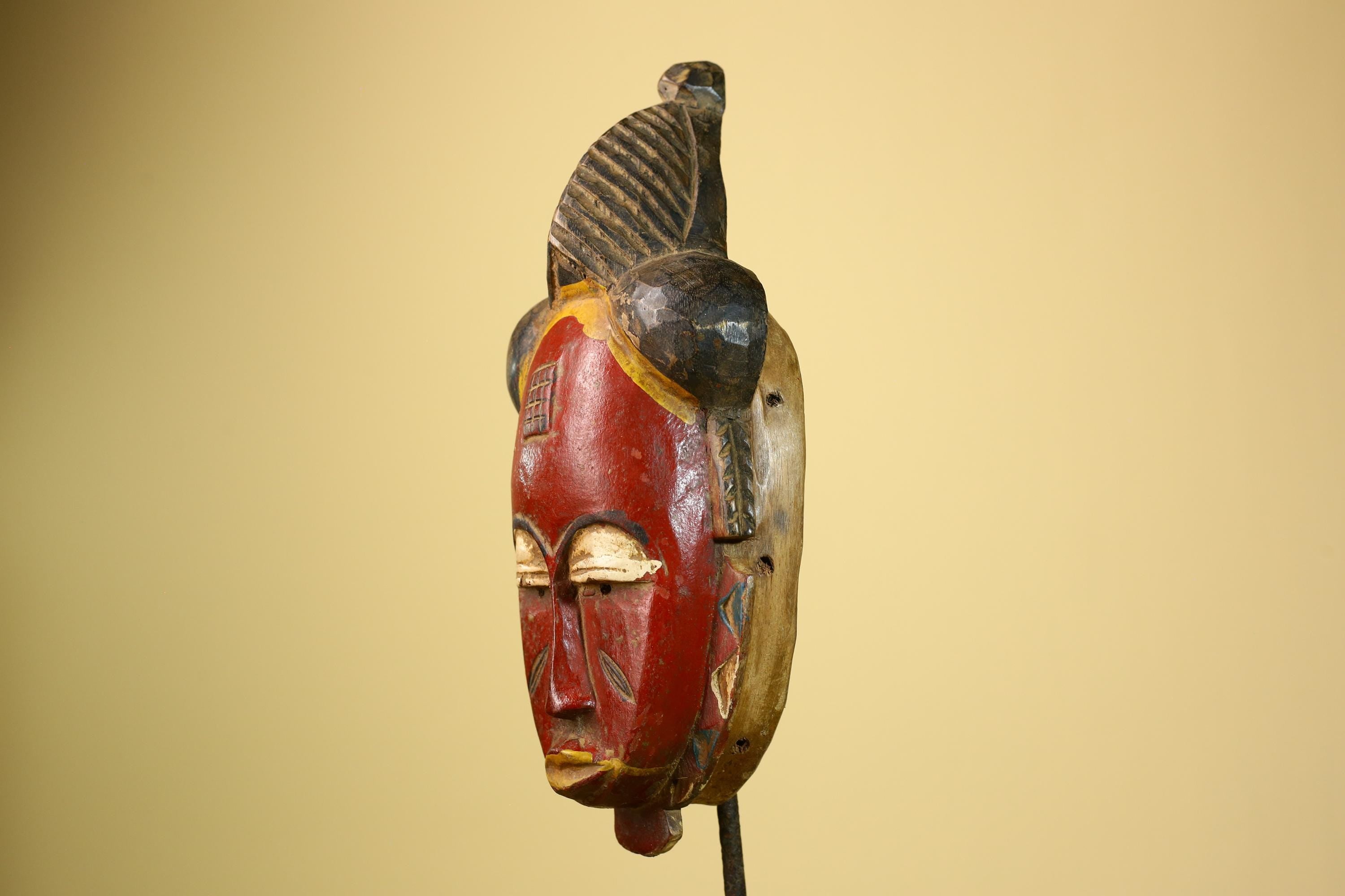 African Baule Mask Carved Wood Painted Red Face Côte d’Ivoire Tribal Art-G5943