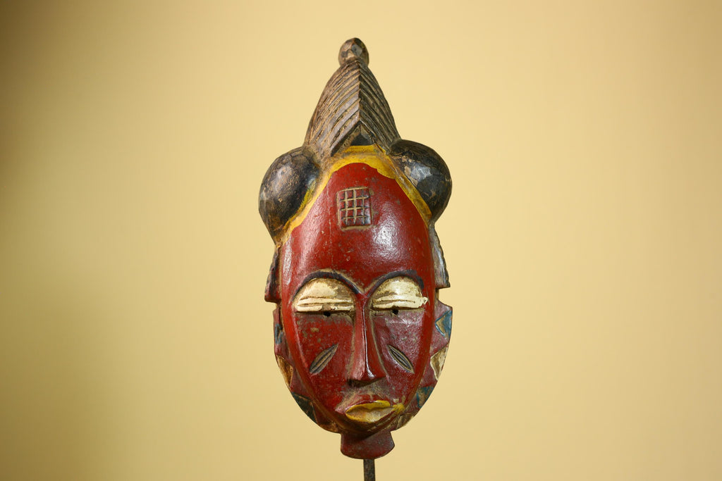African Baule Mask Carved Wood Painted Red Face Côte d’Ivoire Tribal Art-G5943