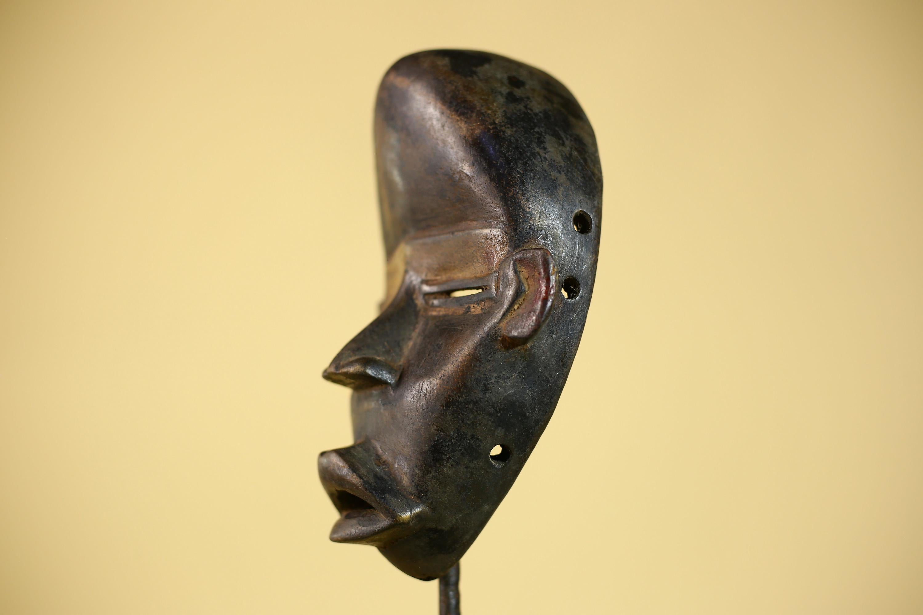 African Vintage Dan Tribal Black Patina Carved Wood Mask with Narrow Eyes-G6041