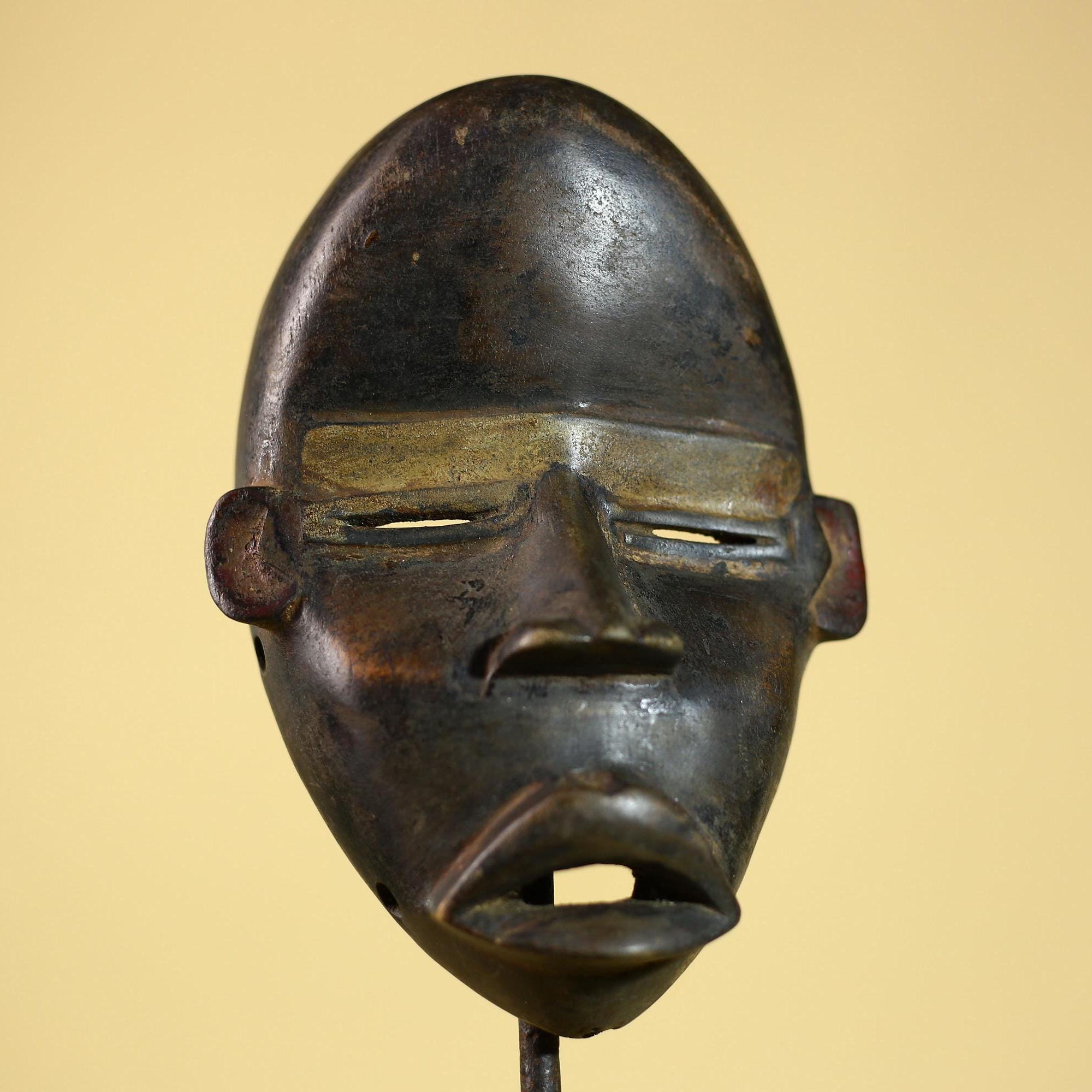 African Vintage Dan Tribal Black Patina Carved Wood Mask with Narrow Eyes-G6041