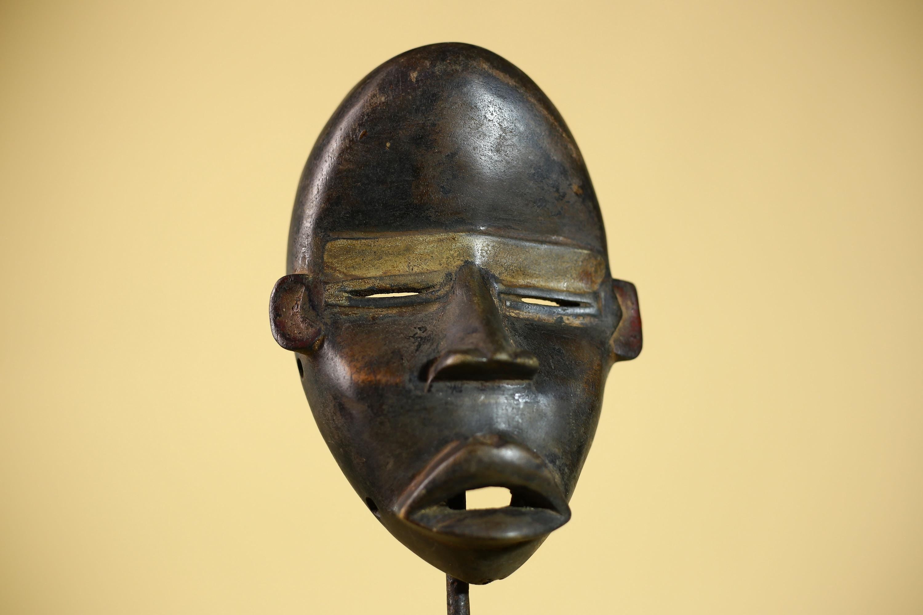 African Vintage Dan Tribal Black Patina Carved Wood Mask with Narrow Eyes-G6041