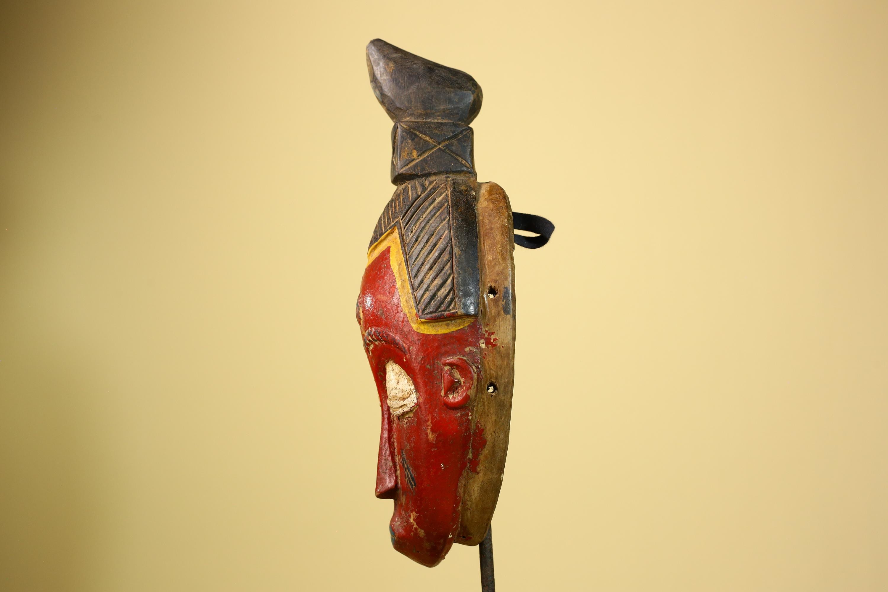 African Baule Mask Carved Wood Red Painted Face Côte d’Ivoire Tribal Art-G5944
