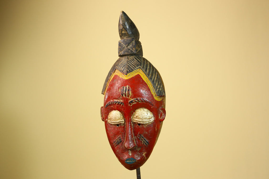 African Baule Mask Carved Wood Red Painted Face Côte d’Ivoire Tribal Art-G5944