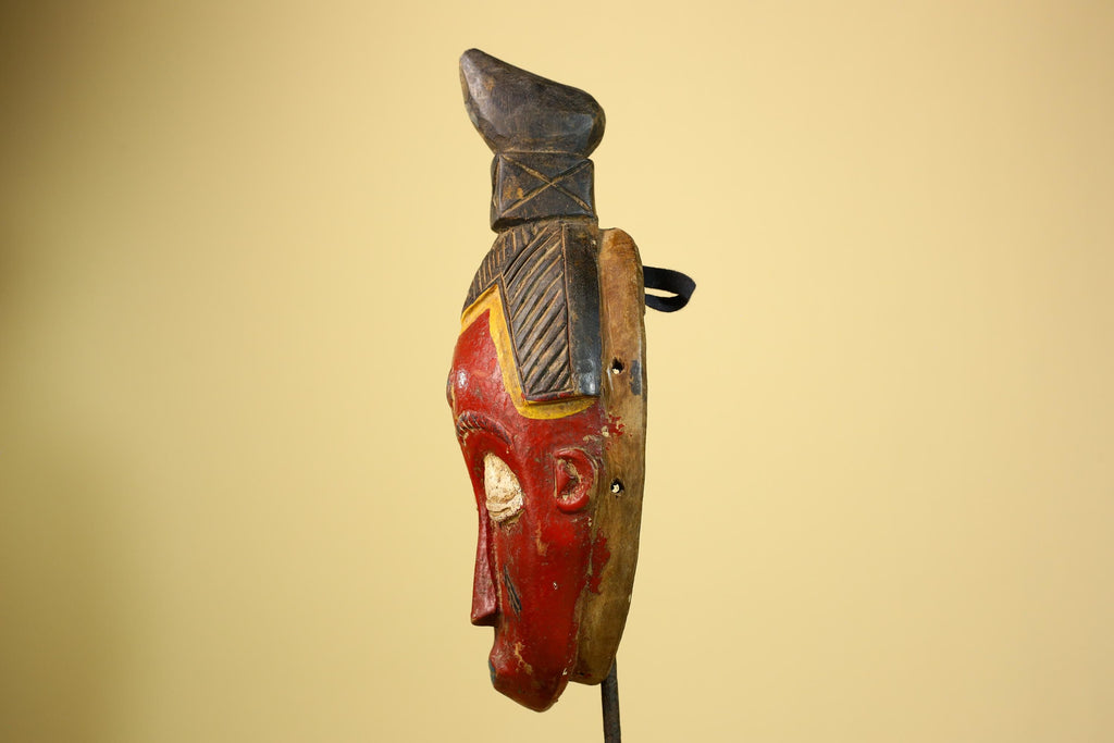 African Baule Mask Carved Wood Red Painted Face Côte d’Ivoire Tribal Art-G5944