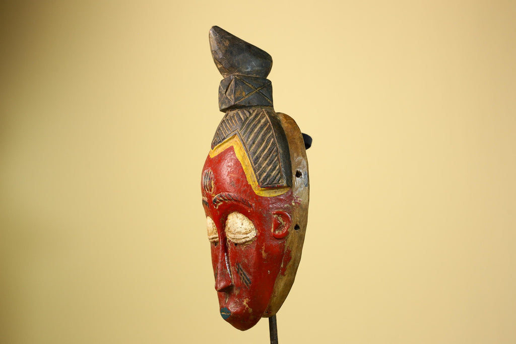 African Baule Mask Carved Wood Red Painted Face Côte d’Ivoire Tribal Art-G5944