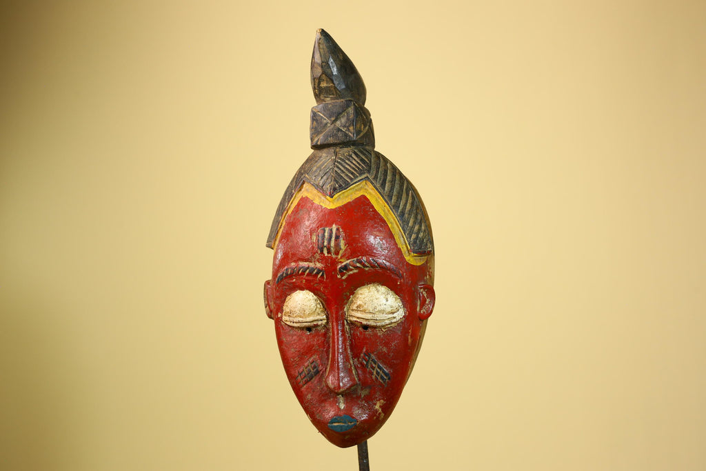African Baule Mask Carved Wood Red Painted Face Côte d’Ivoire Tribal Art-G5944