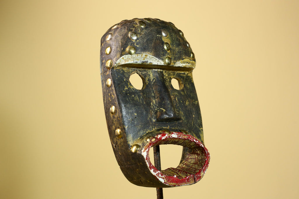African Tribal Mask Wood With Metal Studs Côte d’Ivoire Ritual Decor-G5945