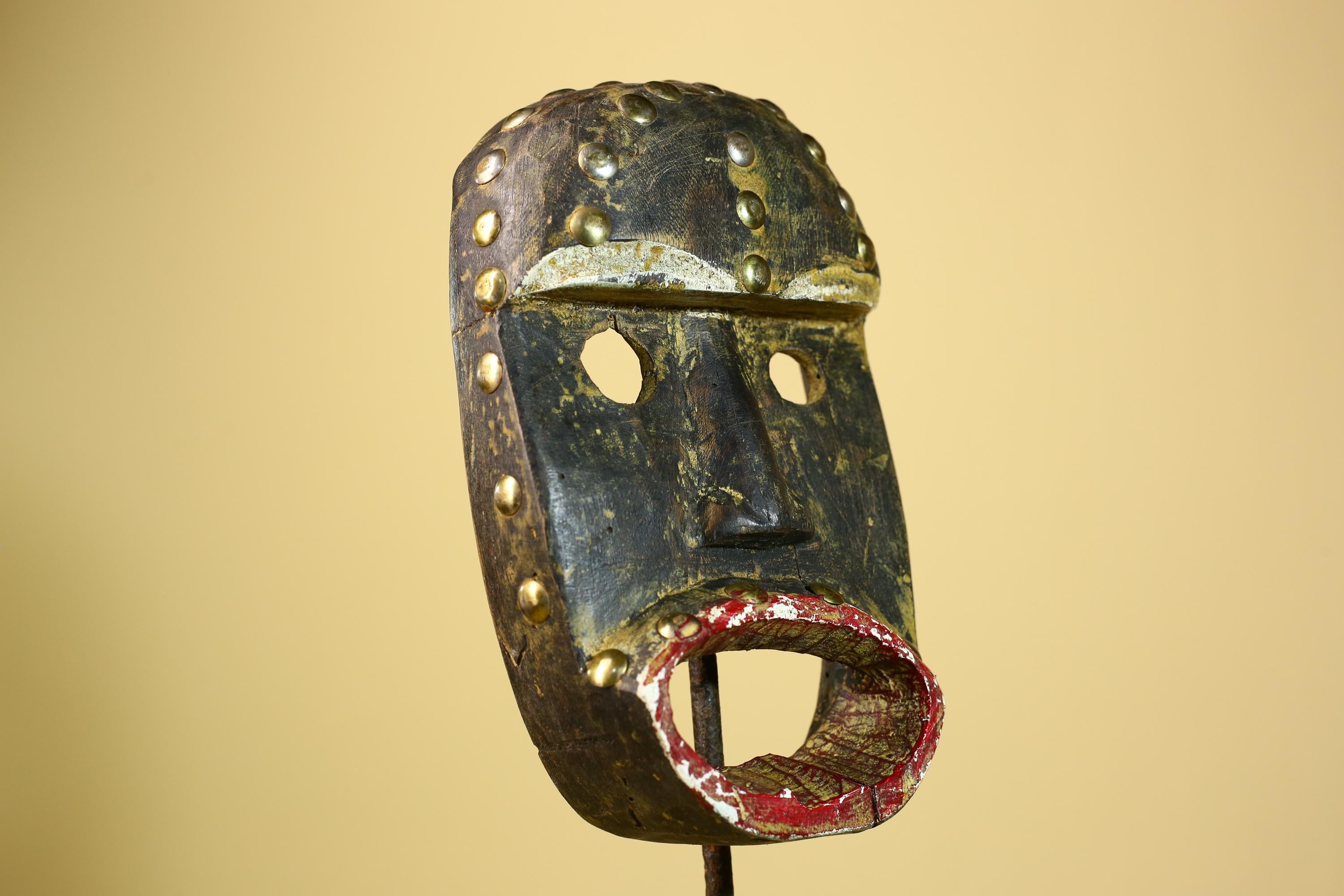 African Tribal Mask Wood With Metal Studs Côte d’Ivoire Ritual Decor-G5945