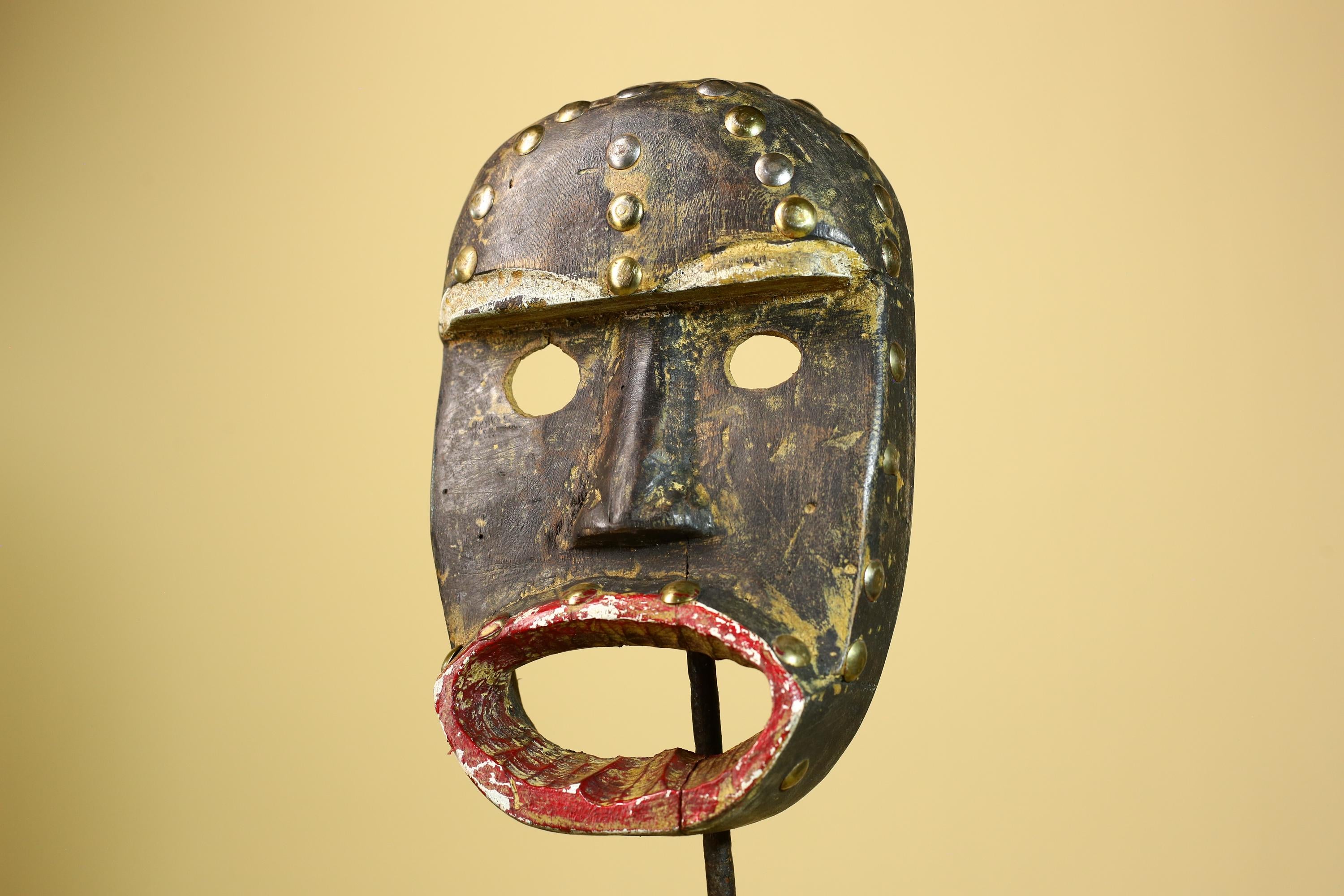 African Tribal Mask Wood With Metal Studs Côte d’Ivoire Ritual Decor-G5945