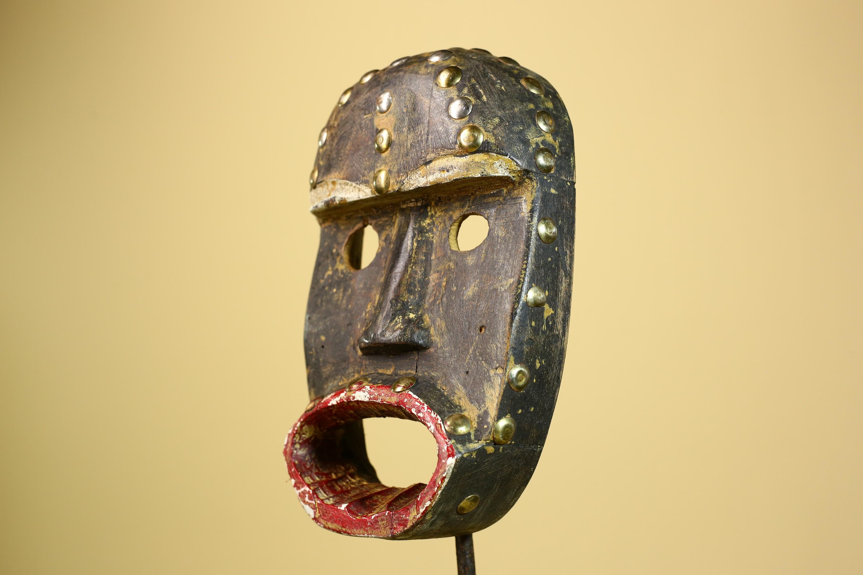 African Tribal Mask Wood With Metal Studs Côte d’Ivoire Ritual Decor-G5945