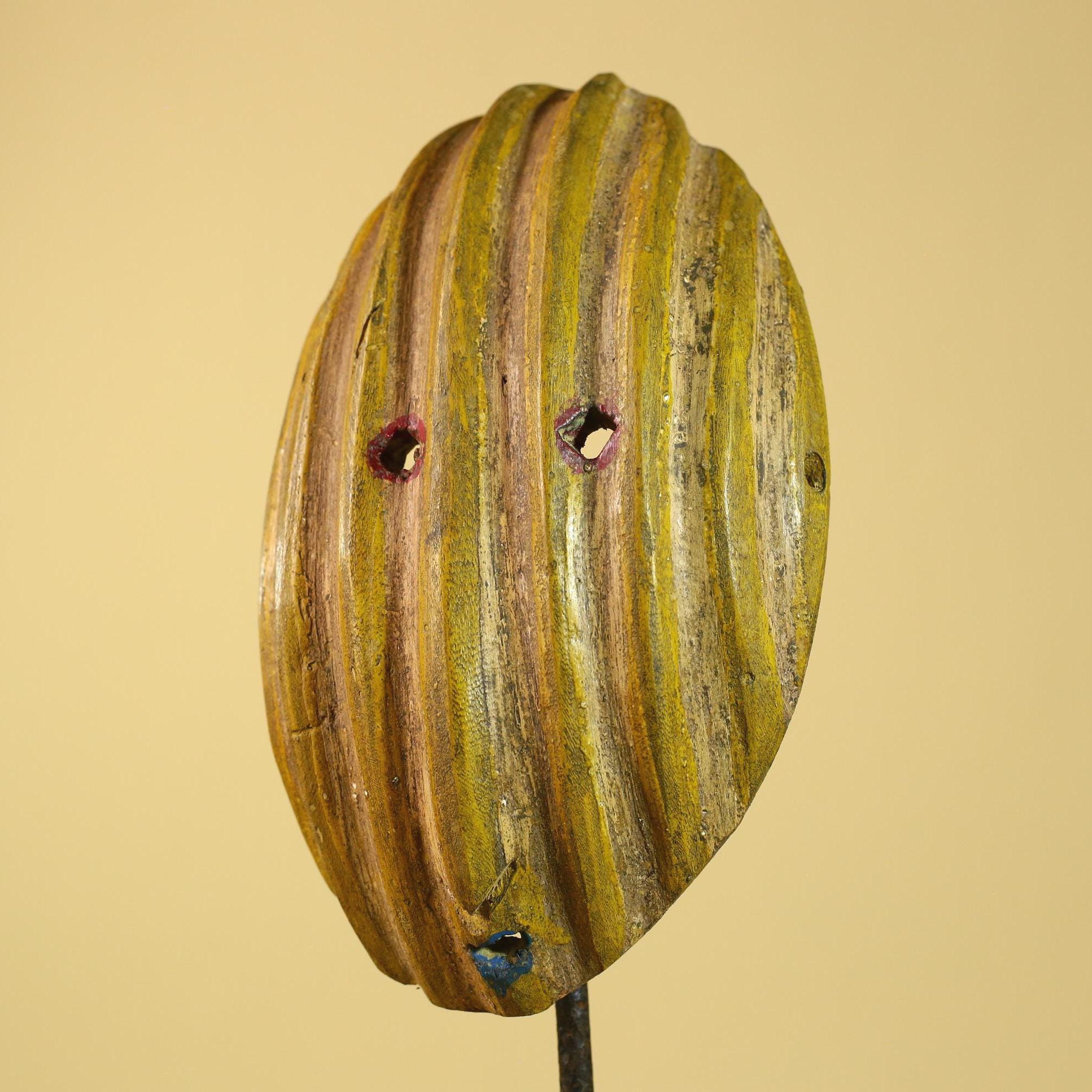 African Tribal Mask Carved Wood Striped Design West Africa Art Decor-G5946