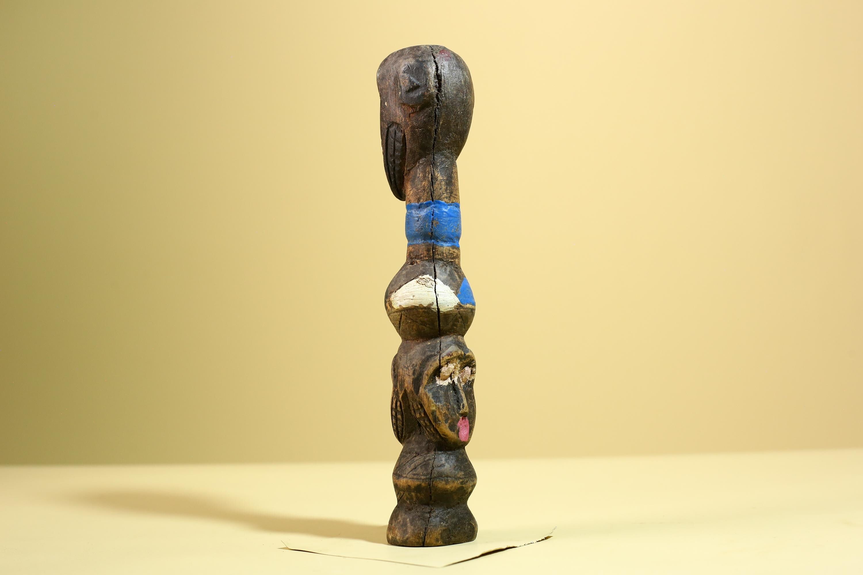 African Tribal Statue Carved Wood Double Head Figure West Africa Art Decor-G5951