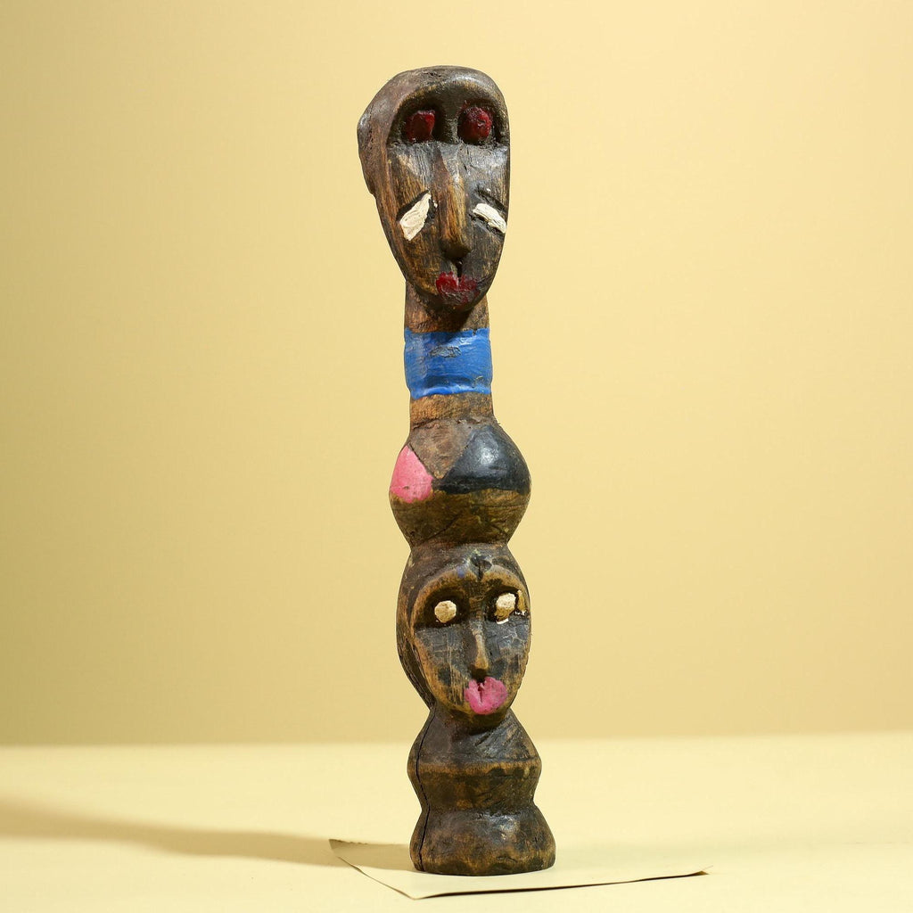 African Tribal Statue Carved Wood Double Head Figure West Africa Art Decor-G5951
