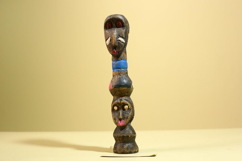 African Tribal Statue Carved Wood Double Head Figure West Africa Art Decor-G5951