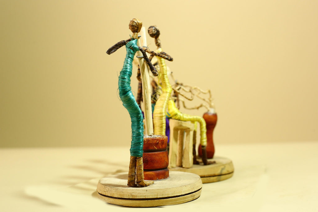 African Tribal Statue Wire Wrapped Figures Carved Wood Base Wall Decor-G5952