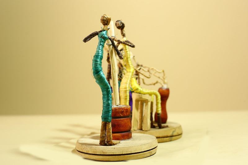 African Tribal Statue Wire Wrapped Figures Carved Wood Base Wall Decor-G5952