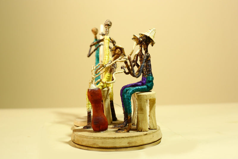 African Tribal Statue Wire Wrapped Figures Carved Wood Base Wall Decor-G5952