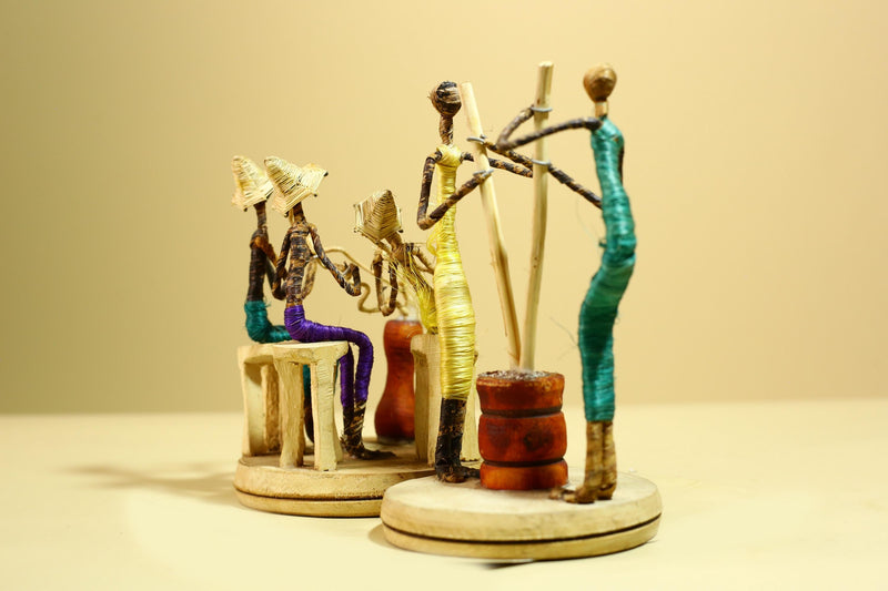 African Tribal Statue Wire Wrapped Figures Carved Wood Base Wall Decor-G5952