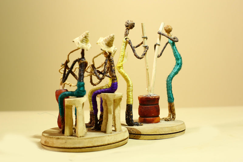 African Tribal Statue Wire Wrapped Figures Carved Wood Base Wall Decor-G5952