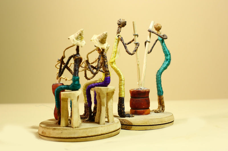 African Tribal Statue Wire Wrapped Figures Carved Wood Base Wall Decor-G5952