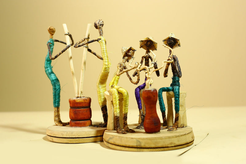 African Tribal Statue Wire Wrapped Figures Carved Wood Base Wall Decor-G5952