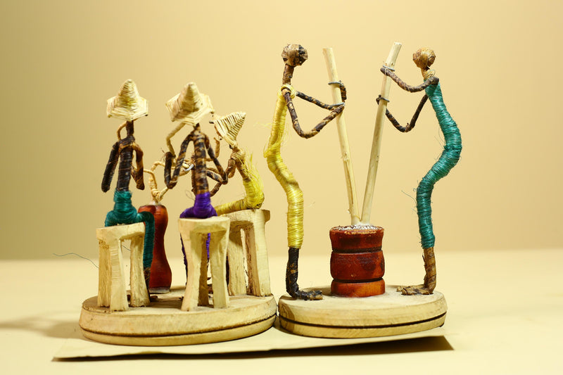 African Tribal Statue Wire Wrapped Figures Carved Wood Base Wall Decor-G5952