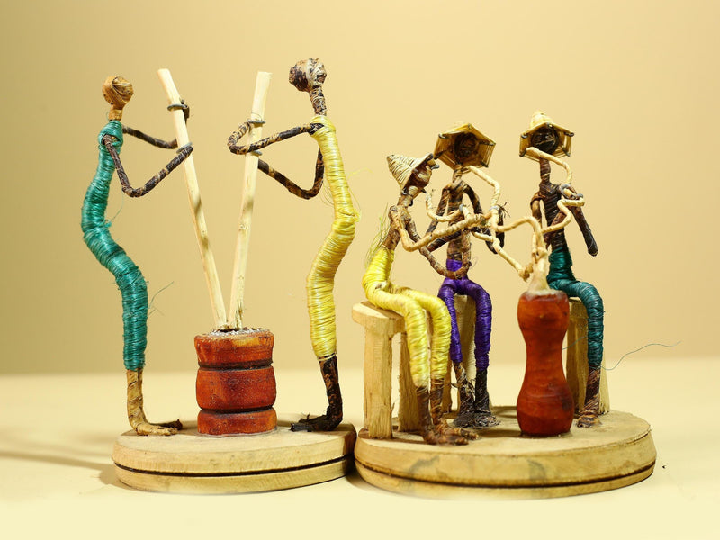 African Tribal Statue Wire Wrapped Figures Carved Wood Base Wall Decor-G5952