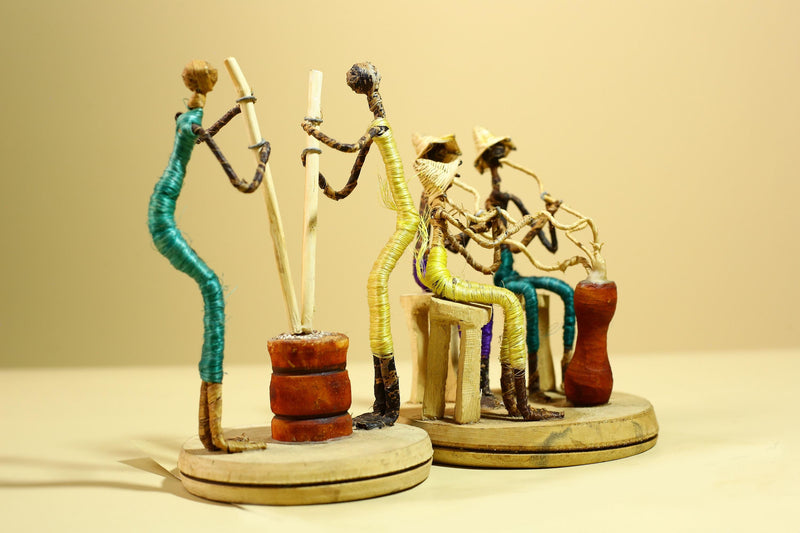 African Tribal Statue Wire Wrapped Figures Carved Wood Base Wall Decor-G5952