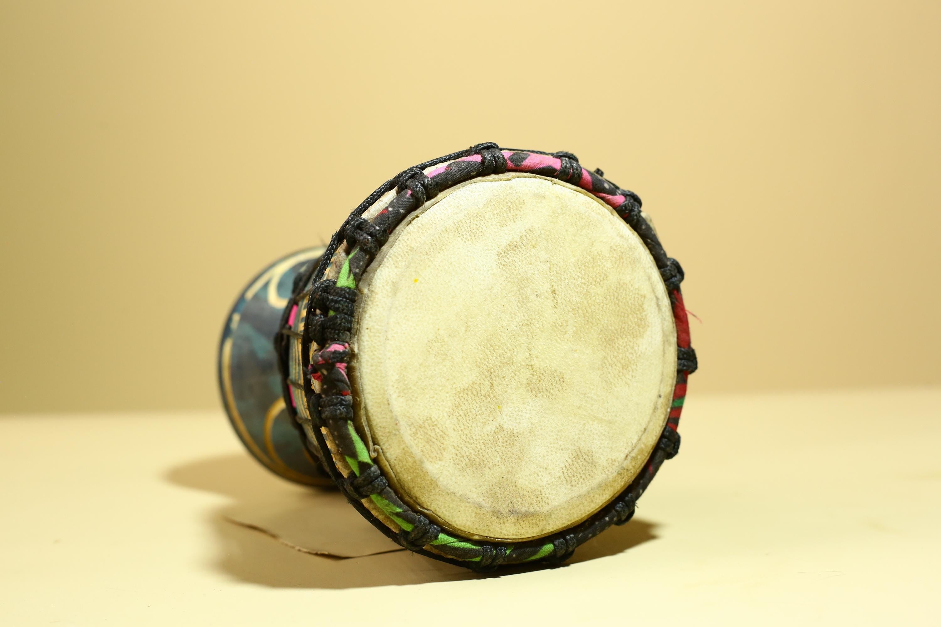 African Tribal Drum Carved Wood Painted Design West Africa Art Decor-G5953