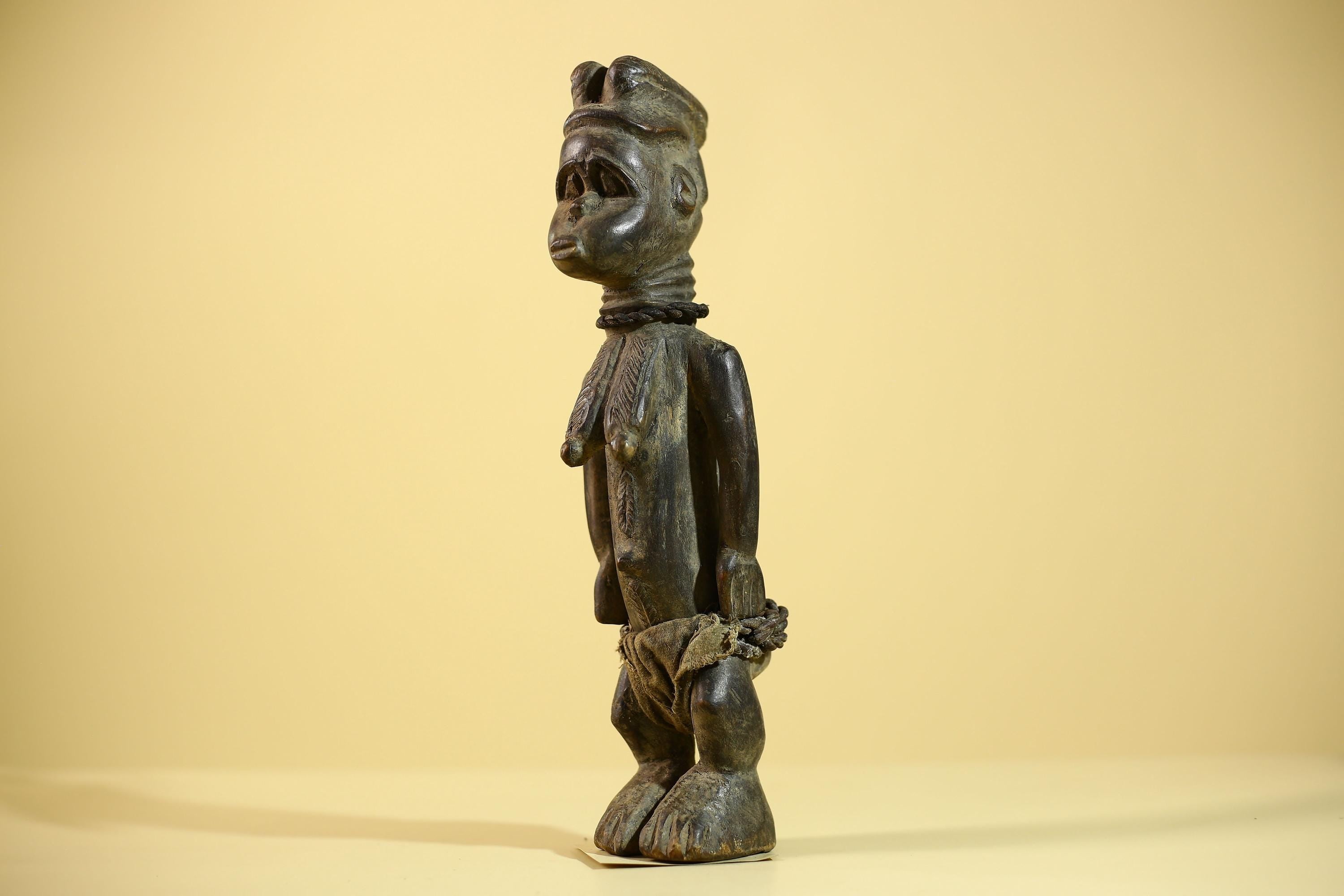 African Luba Statue Hand Carved Tribal Old Figure with Rope Details-G6045