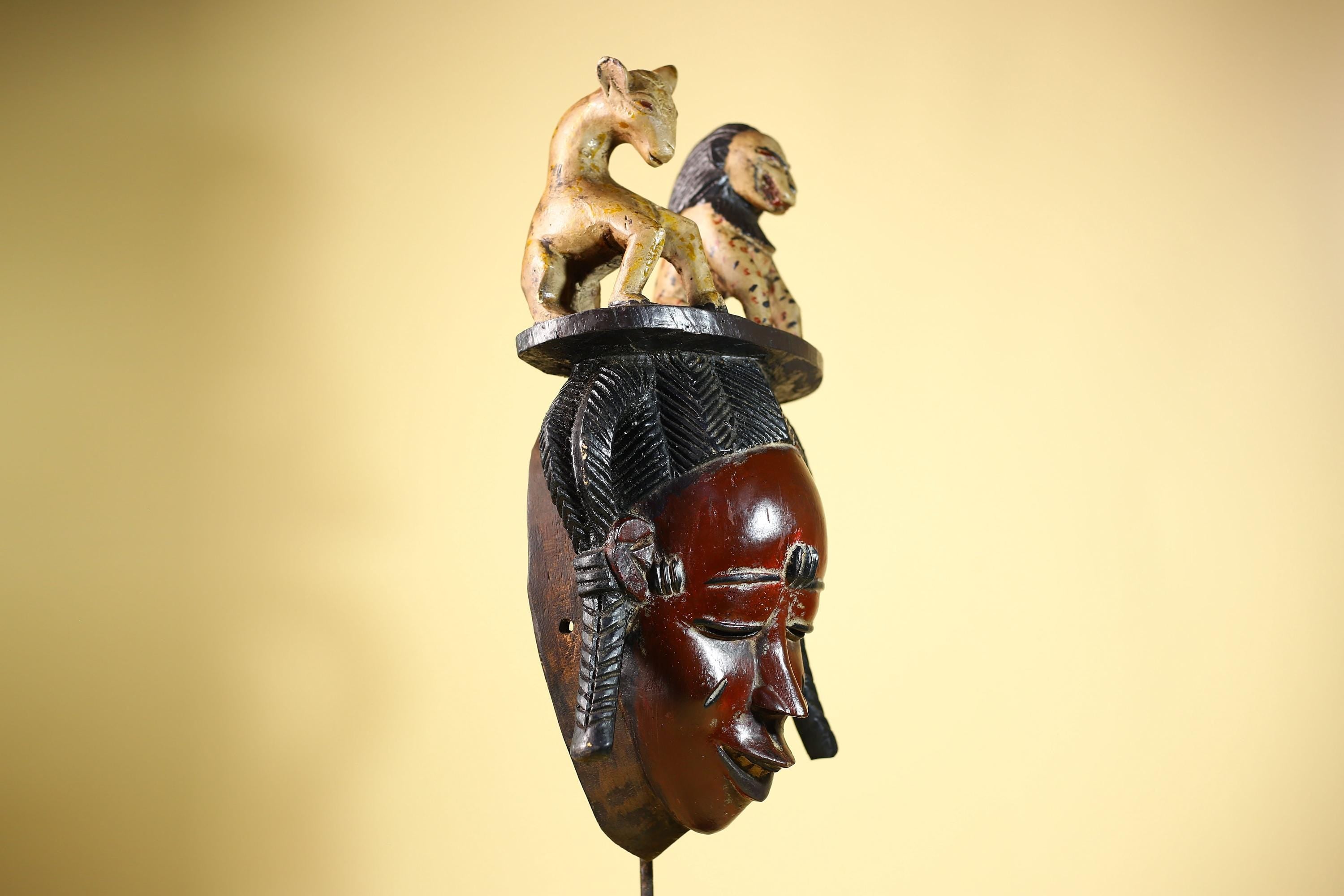 African Vintage Guro Mask with Two Animal Figures Hand Carved Tribal Art-G6046