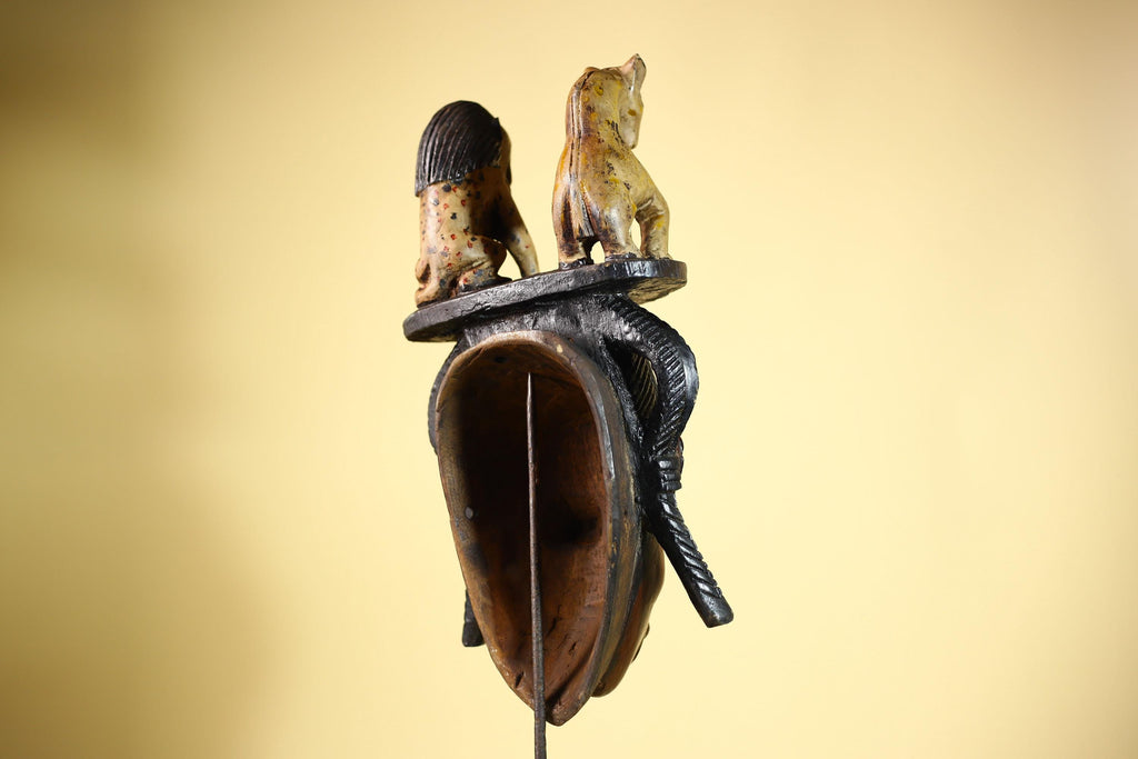 African Vintage Guro Mask with Two Animal Figures Hand Carved Tribal Art-G6046