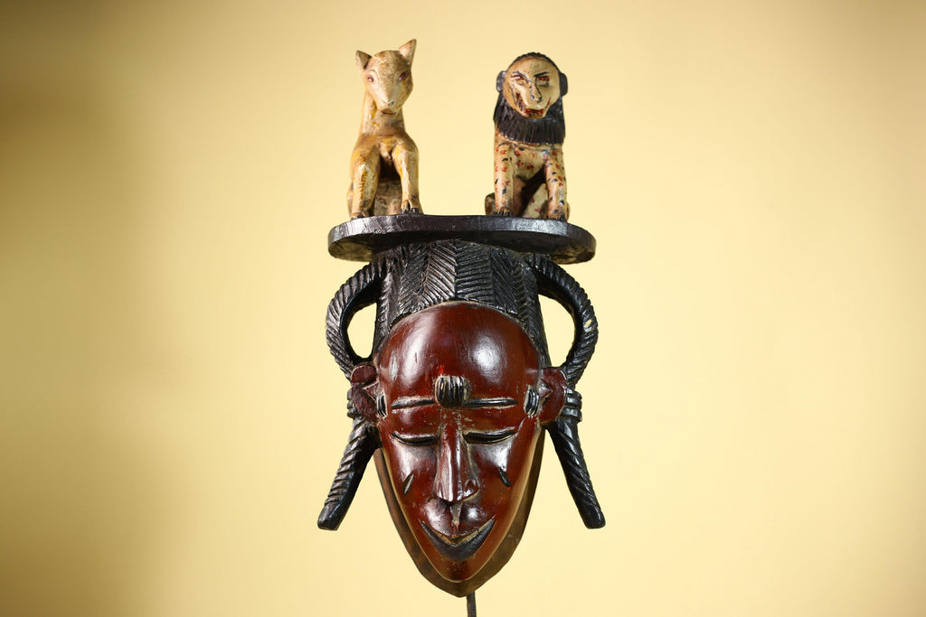 African Vintage Guro Mask with Two Animal Figures Hand Carved Tribal Art-G6046