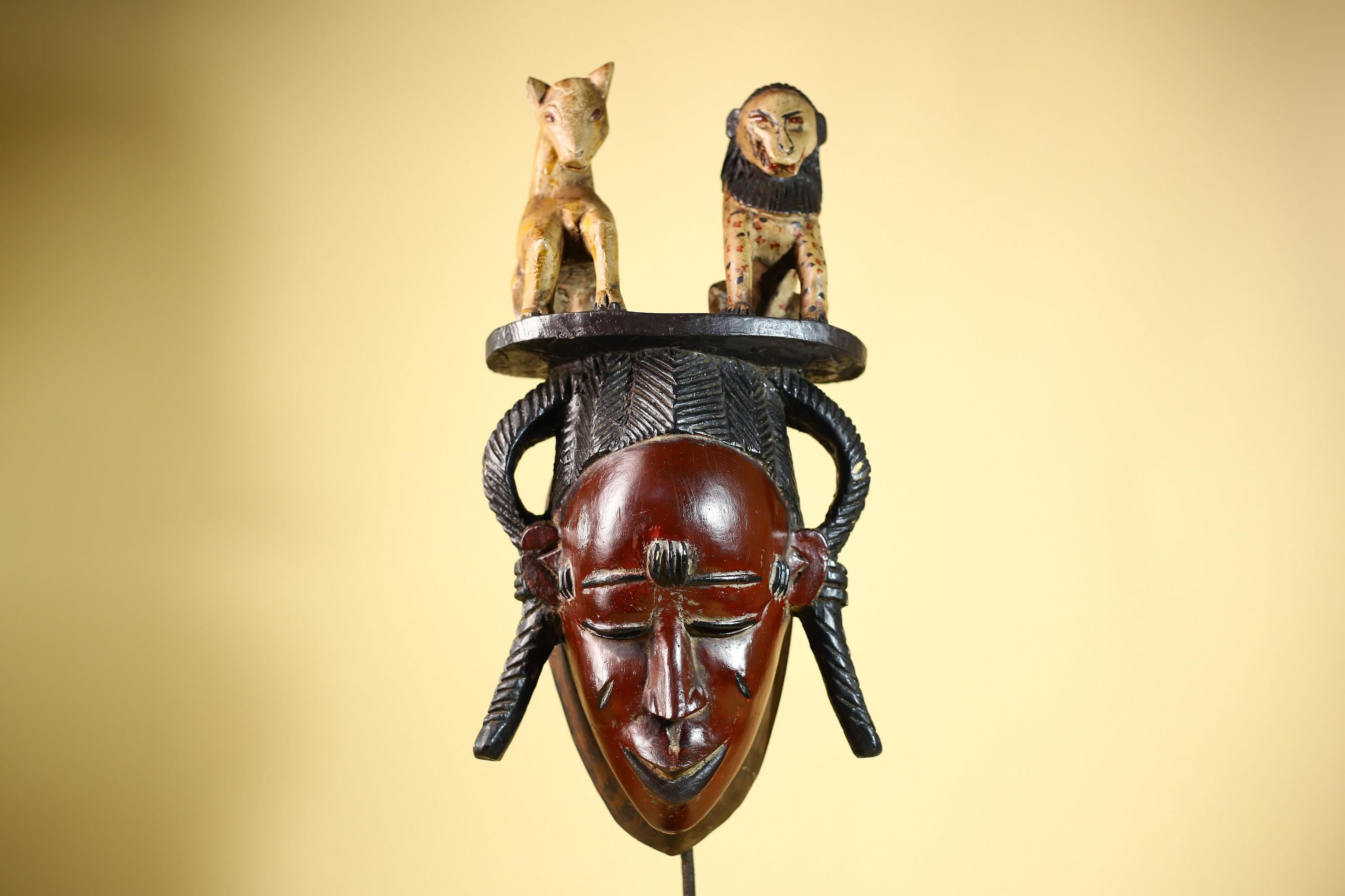 African Vintage Guro Mask with Two Animal Figures Hand Carved Tribal Art-G6046