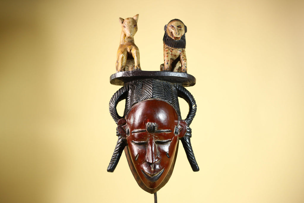 African Vintage Guro Mask with Two Animal Figures Hand Carved Tribal Art-G6046