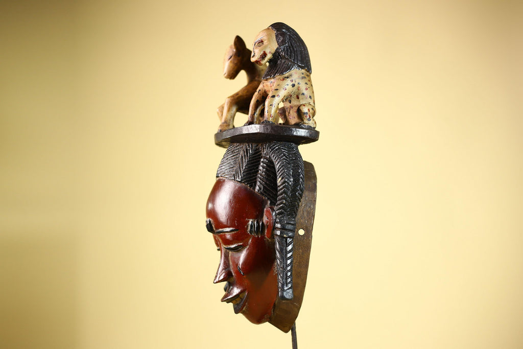 African Vintage Guro Mask with Two Animal Figures Hand Carved Tribal Art-G6046