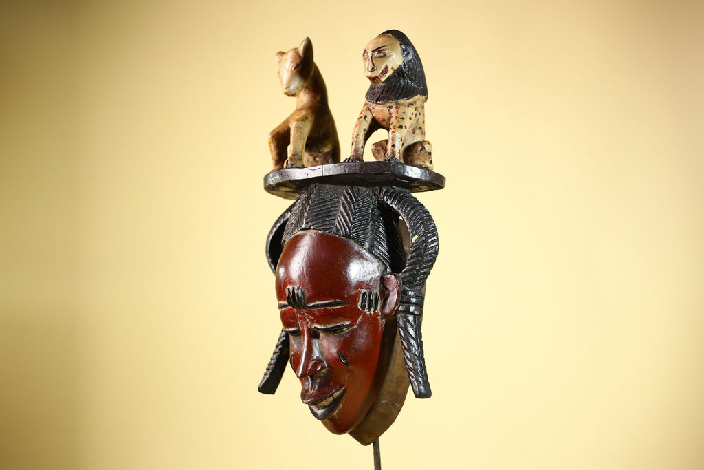 African Vintage Guro Mask with Two Animal Figures Hand Carved Tribal Art-G6046