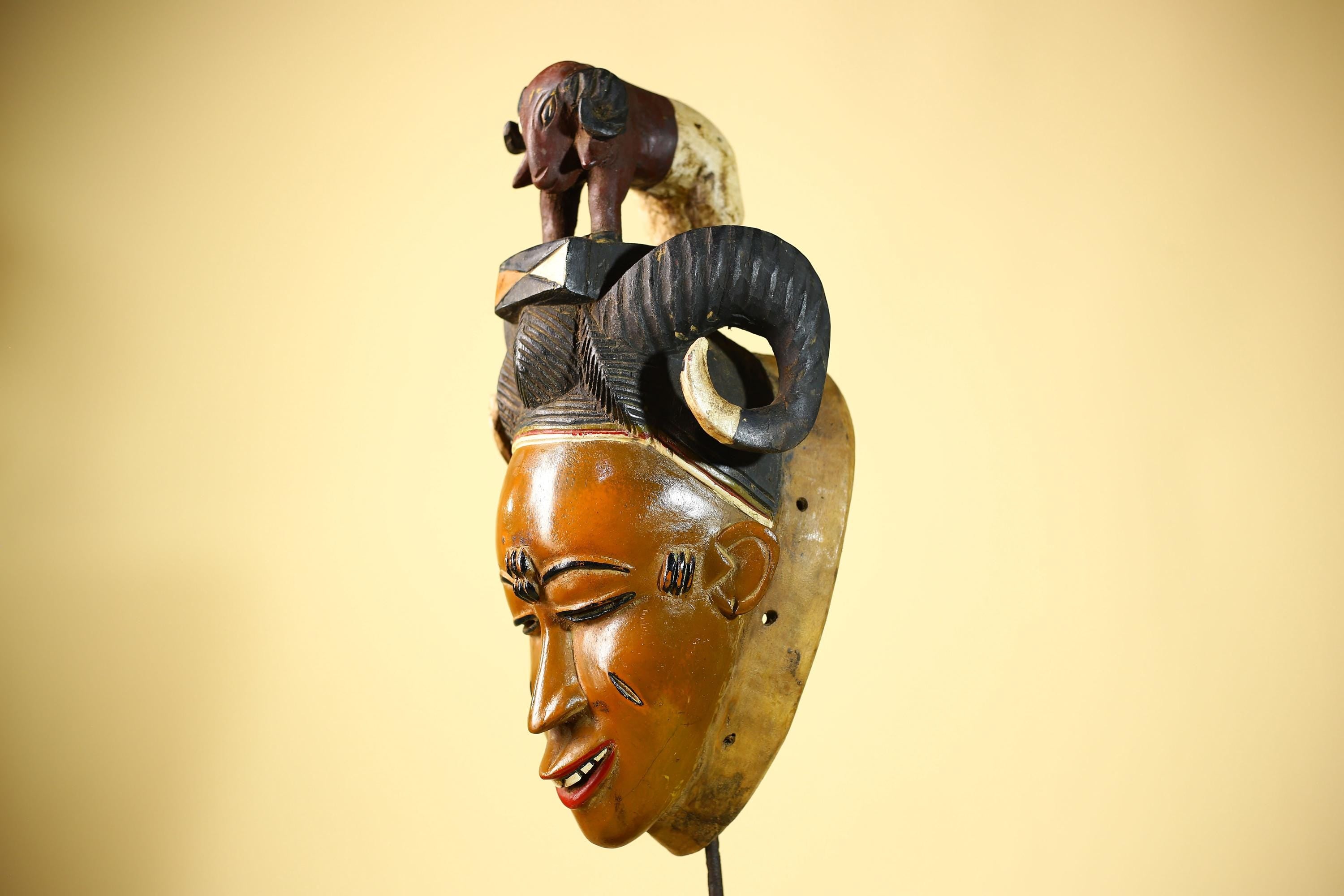 Vintage Guro African Mask with Ram Figure Hand Carved Wood Tribal Art-G6047
