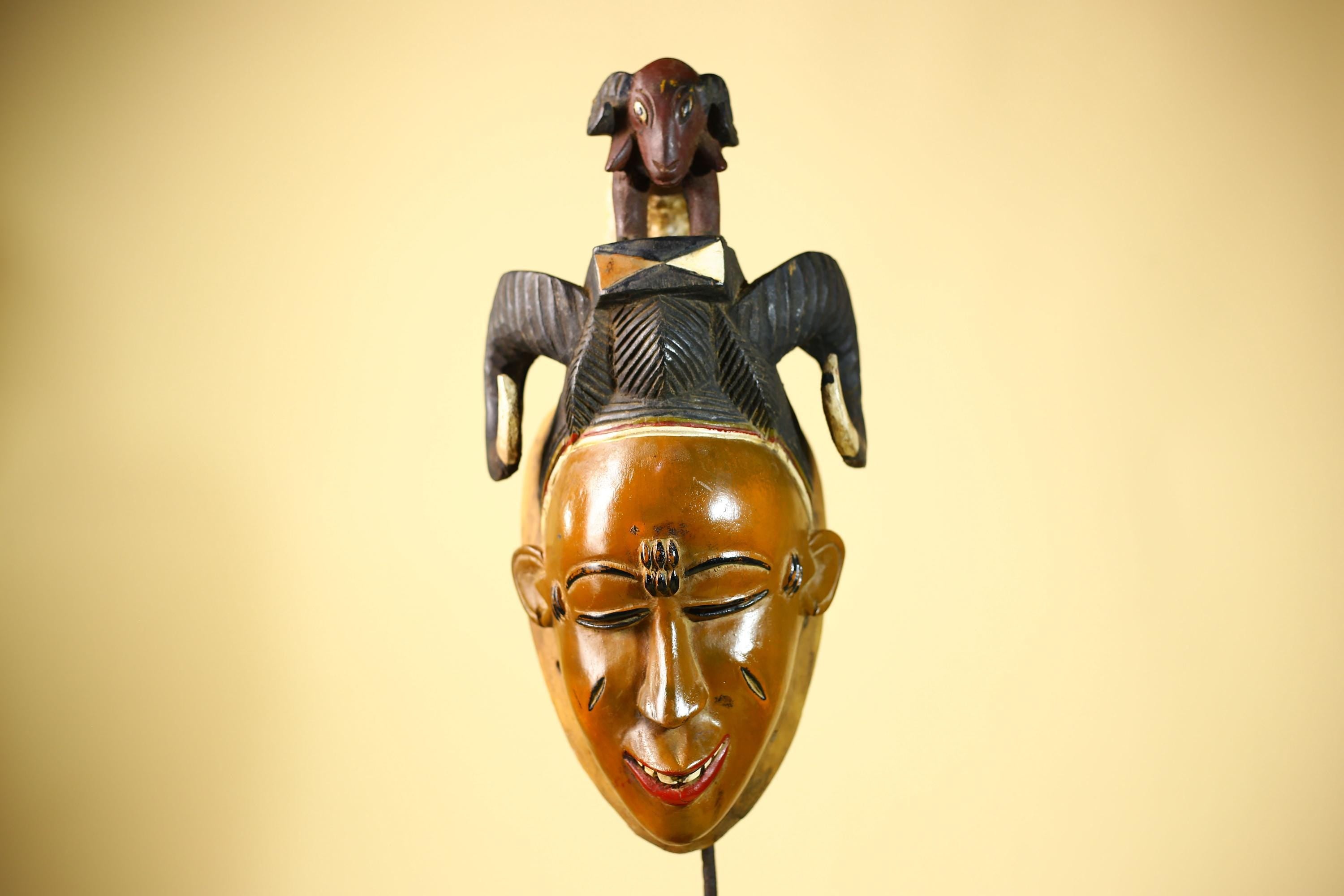 Vintage Guro African Mask with Ram Figure Hand Carved Wood Tribal Art-G6047
