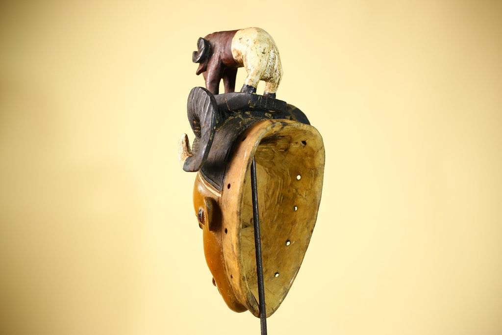 Vintage Guro African Mask with Ram Figure Hand Carved Wood Tribal Art-G6047