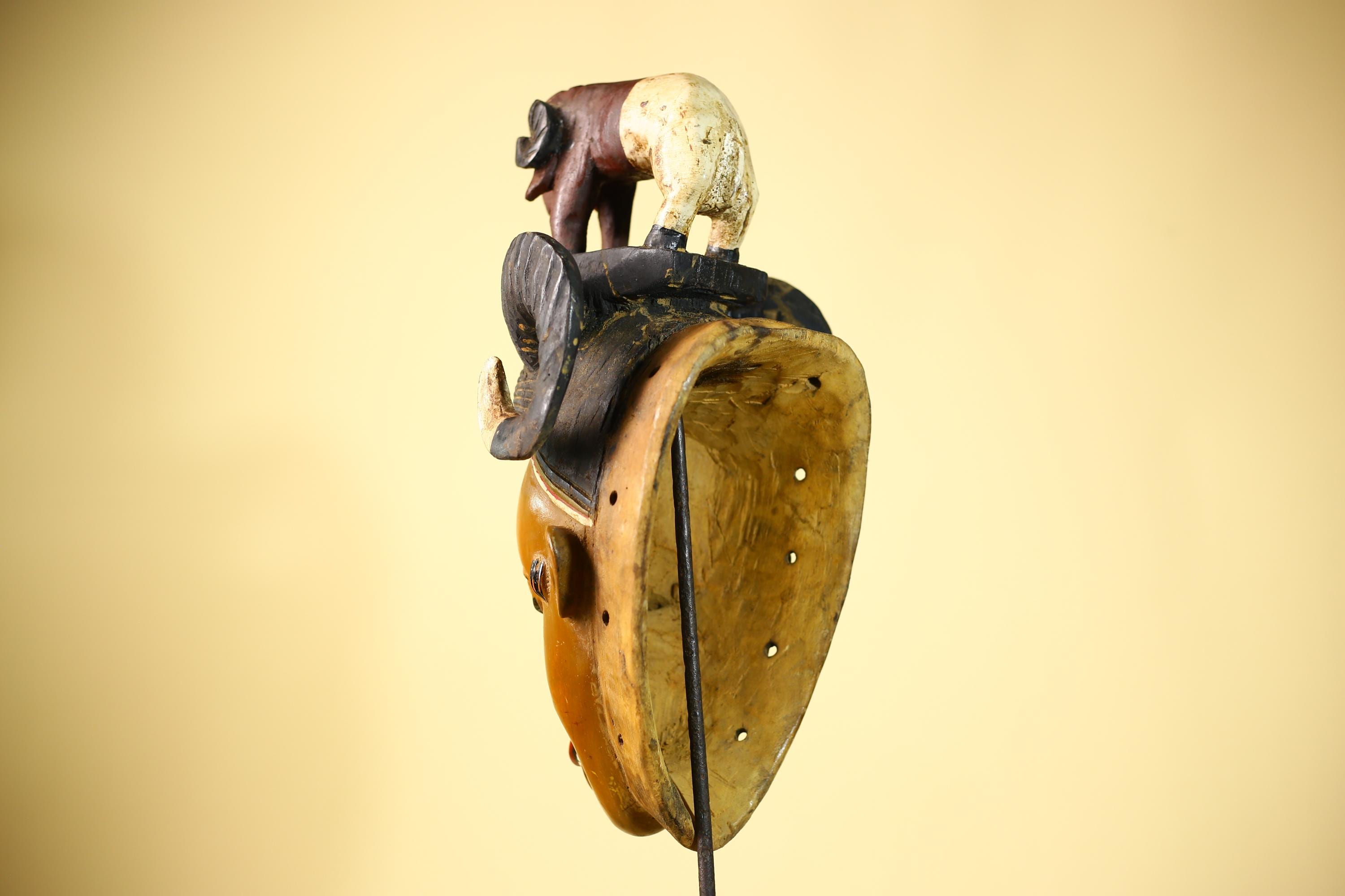 Vintage Guro African Mask with Ram Figure Hand Carved Wood Tribal Art-G6047