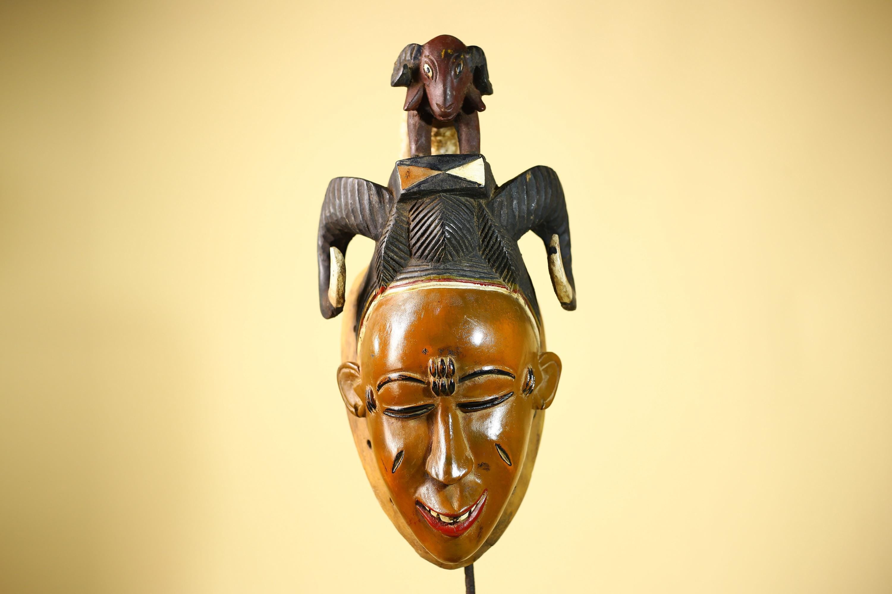 Vintage Guro African Mask with Ram Figure Hand Carved Wood Tribal Art-G6047