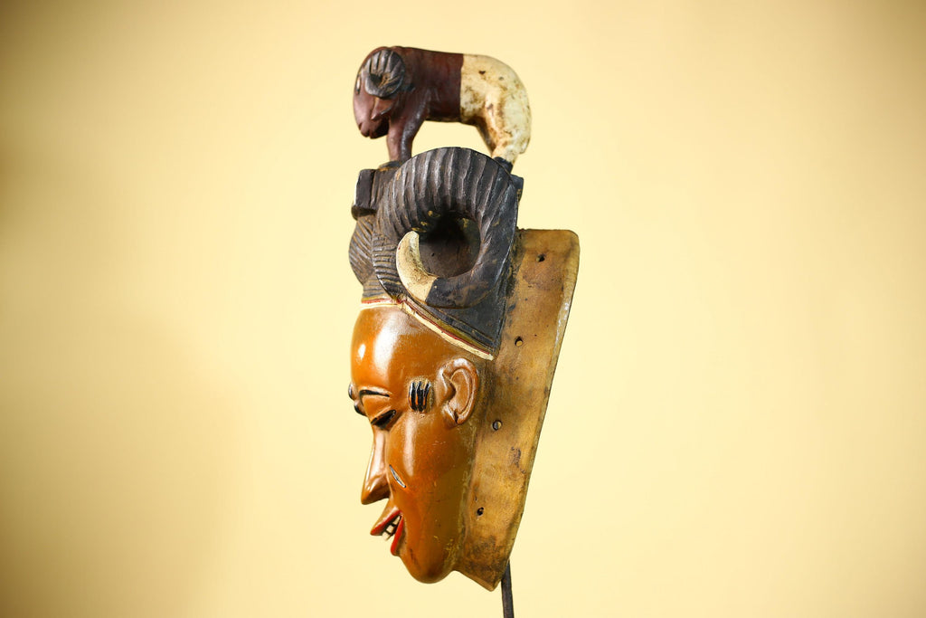 Vintage Guro African Mask with Ram Figure Hand Carved Wood Tribal Art-G6047