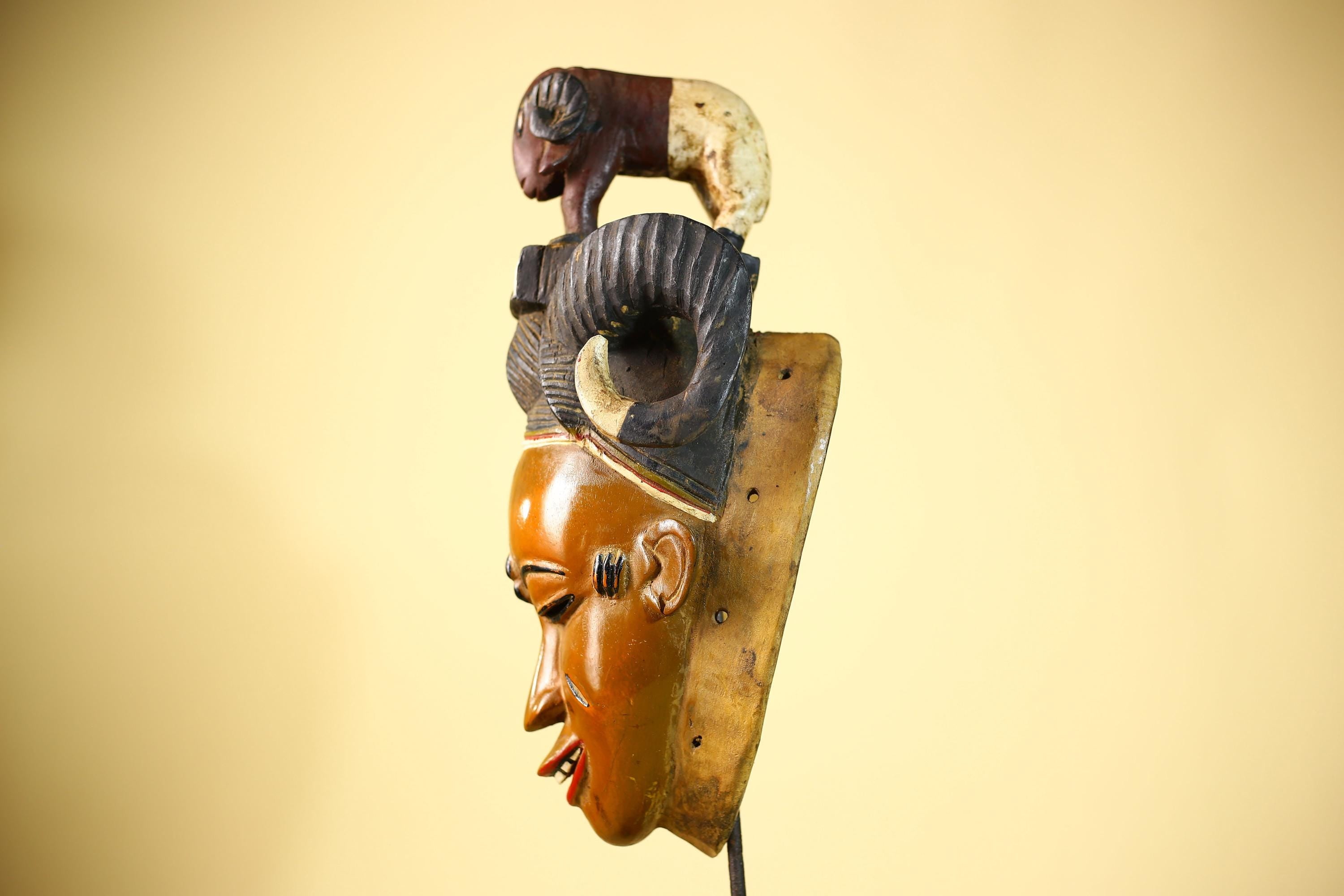 Vintage Guro African Mask with Ram Figure Hand Carved Wood Tribal Art-G6047