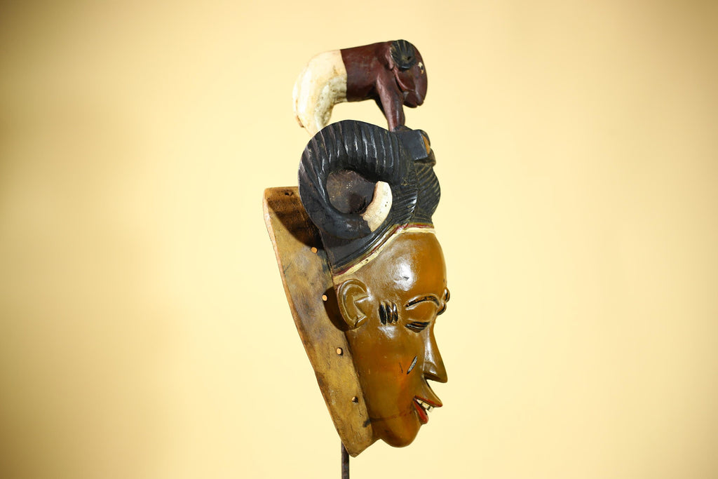 Vintage Guro African Mask with Ram Figure Hand Carved Wood Tribal Art-G6047