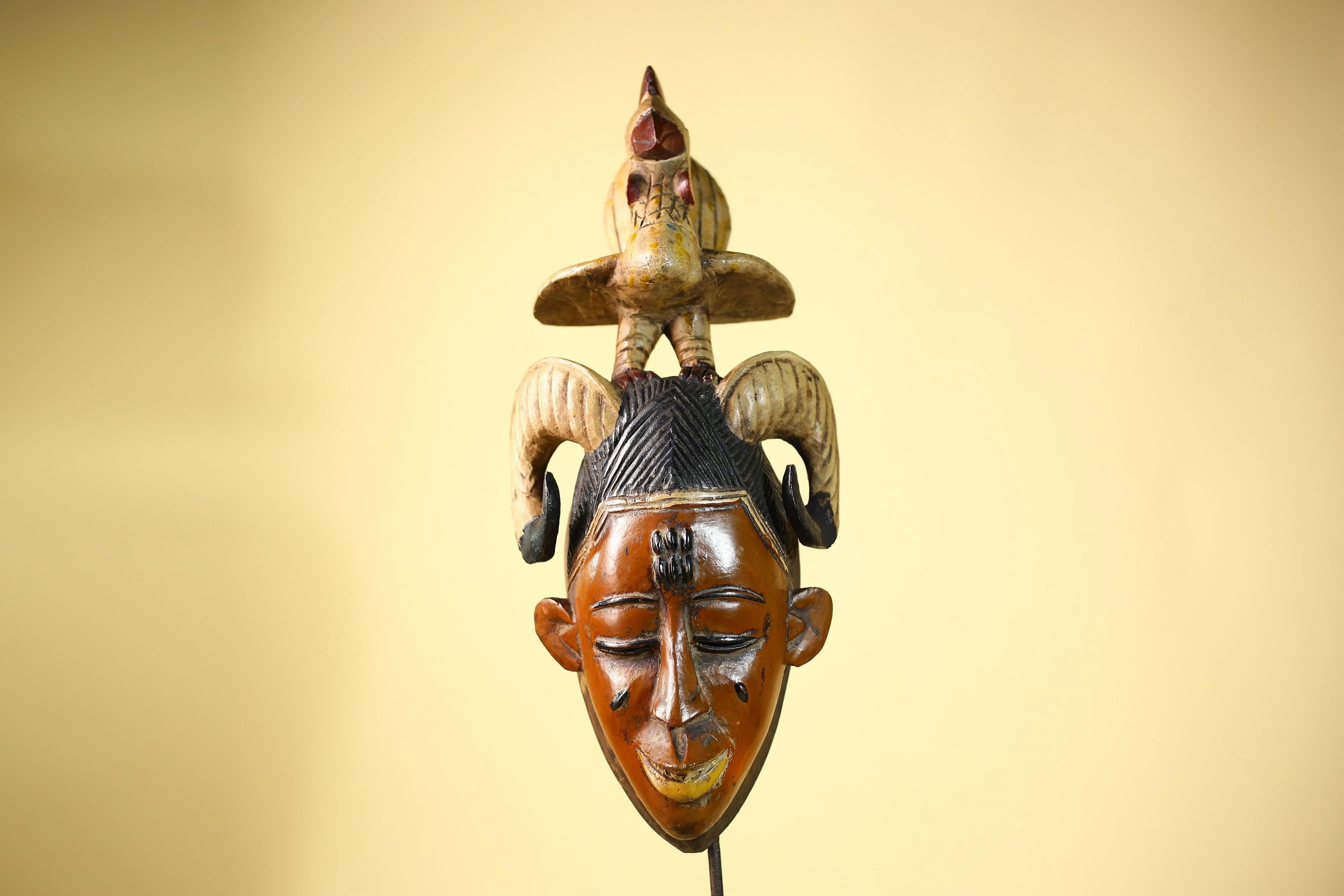 Large Guro Mask with Rooster Figure African Tribal Wood Carved Mask Art-G6048