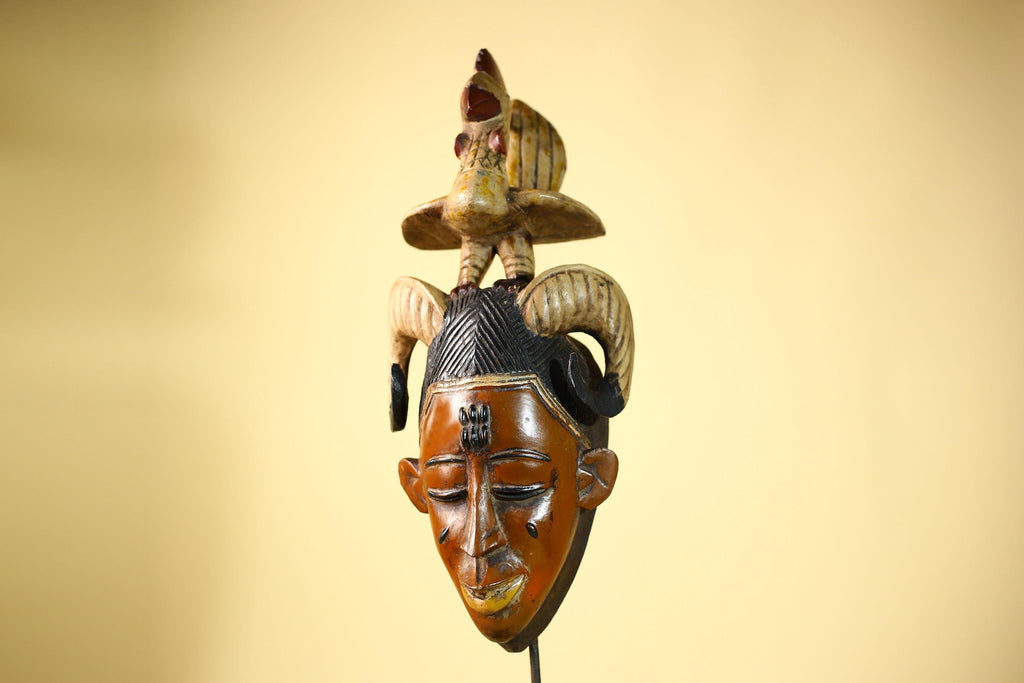 Large Guro Mask with Rooster Figure African Tribal Wood Carved Mask Art-G6048