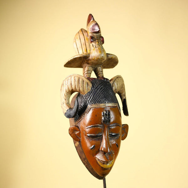 Large Guro Mask with Rooster Figure African Tribal Wood Carved Mask Art-G6048