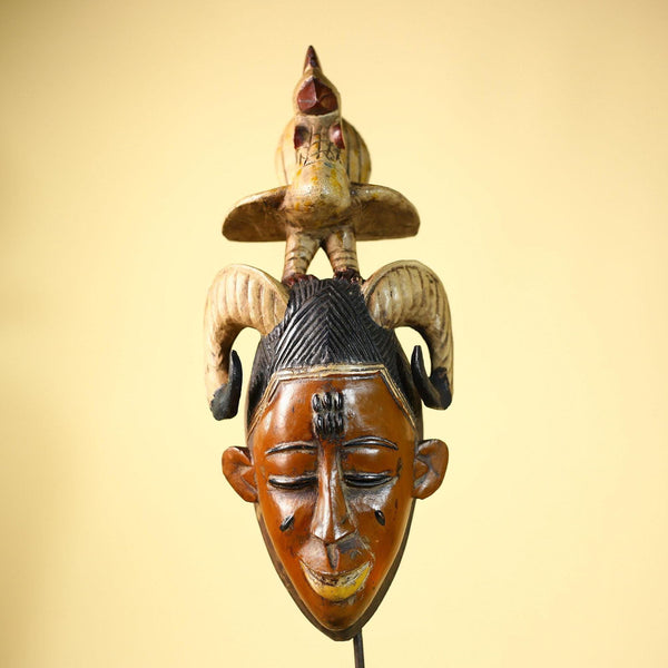 Large Guro Mask with Rooster Figure African Tribal Wood Carved Mask Art-G6048