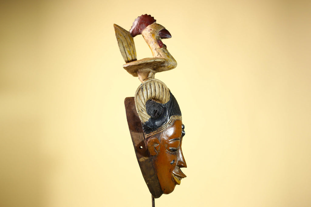 Large Guro Mask with Rooster Figure African Tribal Wood Carved Mask Art-G6048